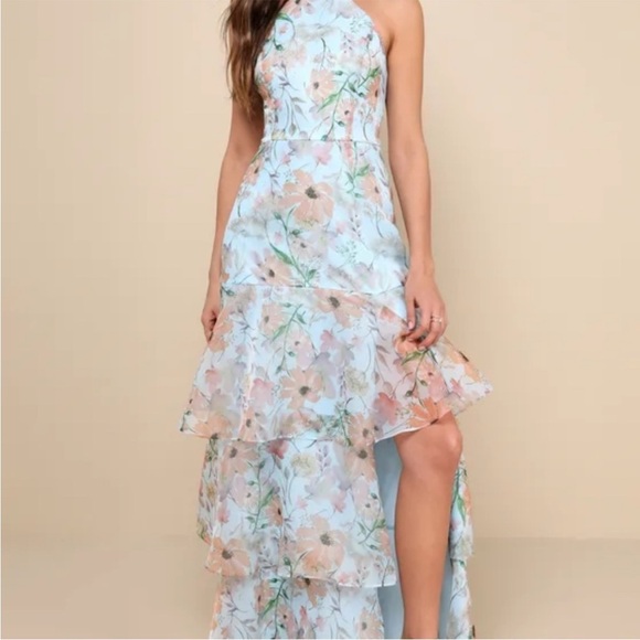 Lulus Dresses & Skirts - Lulus Forever Exceptional Light Blue Floral Halter Organza Maxi Dress